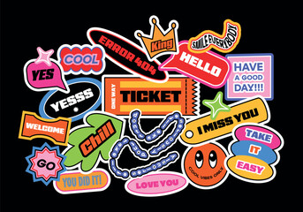 Futuristic y2k patches, labels, tags, bracelet stamps in retro style. Doodle short phrases in flat style.Cartoon stickers in funky hipster groovy grunge 90s style. Cute vector set, fashion promo label