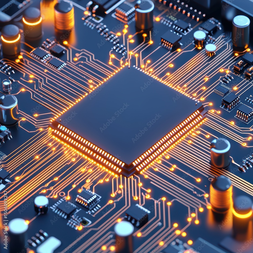 Poster close-up view of a circuit board with glowing microchip and intricate electronic connections
