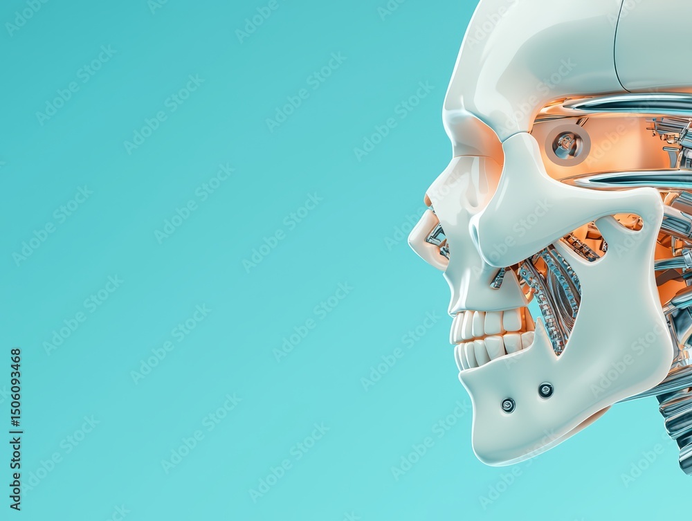 Poster futuristic profile of a robotic skull with intricate mechanical components against a bright backgrou