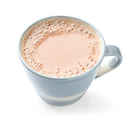 Tasty chocolate milk in cup isolated on white