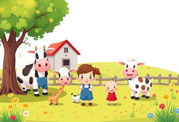 Naklejka premium Cute cartoon farm animals & kids, isolated on white Countryside scene, cheerful illustration, cow, design