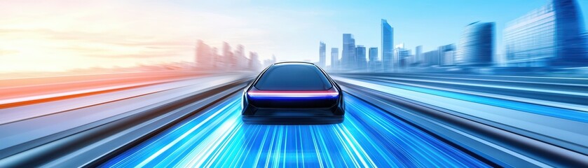 Obraz premium Futuristic Electric Vehicle Racing Through Urban Cityscape at Dawn with Motion Blur and Vibrant Light Trails