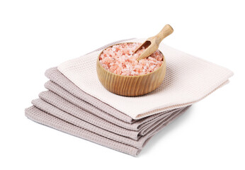 Clean waffle towels and sea salt isolated on white