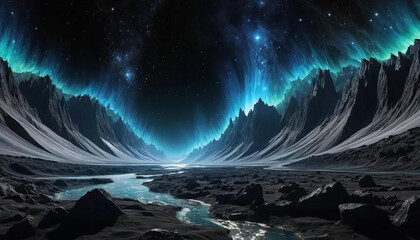 Dark matter rivers flowing through radiant crystal valleys carved by solar wind and stellar tide.