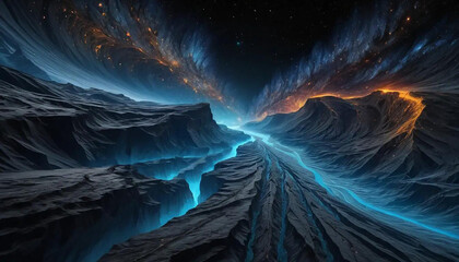 Dark matter rivers flowing through radiant crystal valleys carved by solar wind and stellar tide.
