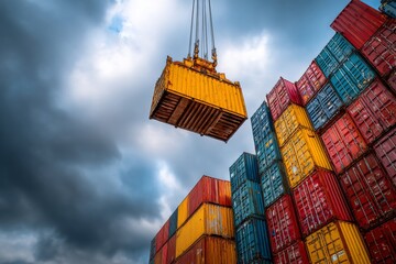 Fototapeta premium Container handling is taking place at the yard, which involves port logistics and the operation of the container yard