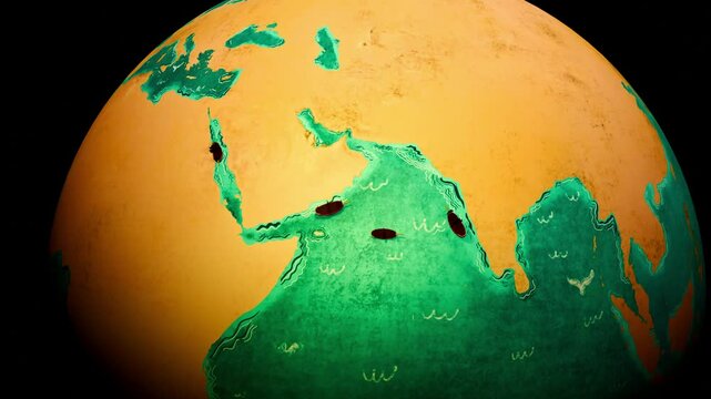 Ancient medieval trade route 3d animation with ships on old map globe. Old Maritime trade between continents, countries and oceans. Maritime Silk Route showing travel, adventure, trade. Vintage atlas