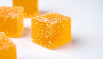close up of orange marmalade cube on white surface