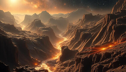 Dark matter rivers flowing through radiant crystal valleys carved by solar wind and stellar tide.