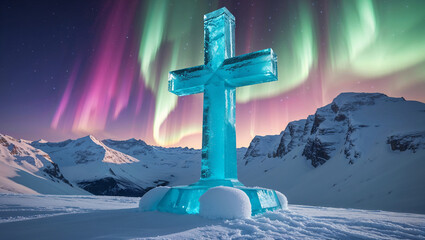 Beautifully sculpted ice cross standing on top of a mountain