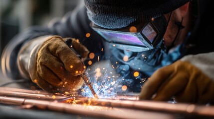 Skilled welder working with metal in a workshop during the day, creating sparks and demonstrating craftsmanship