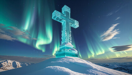 Beautifully sculpted ice cross standing on top of a mountain