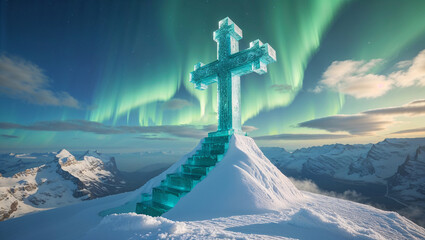 Beautifully sculpted ice cross standing on top of a mountain