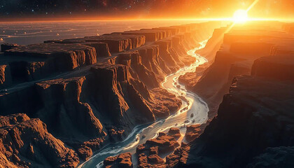 Dark matter rivers flowing through radiant crystal valleys carved by solar wind and stellar tide.