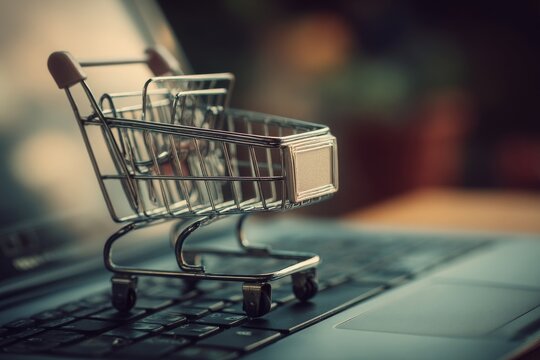 The concept of online shopping or home shopping is represented by a shopping cart or trolley on a laptop keyboard, symbolizing the e-commerce experience of buying goods and services from home
