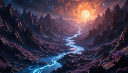 Dark matter rivers flowing through radiant crystal valleys carved by solar wind and stellar tide.