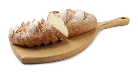 Cut loaf of bread and wooden board isolated on white