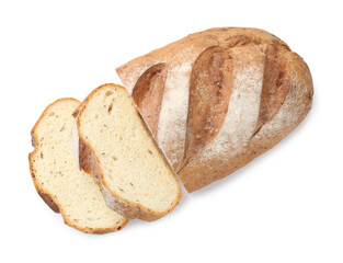 Cut loaf of bread isolated on white, top view