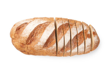 Cut loaf of bread isolated on white, top view