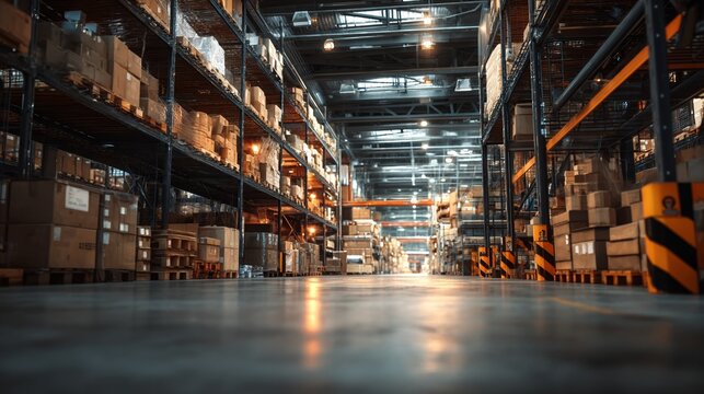 Ein Hochregallager gef&uuml;llt mit Kartons in einer modernen Logistikhalle