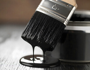 Black Paint Brush Dripping: Close-up shot of a paint brush dripping black paint, beside a paint...