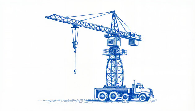Sketch of vintage toy construction crane in blue ink on white background, suitable for educational purposes and design projects