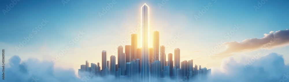 Poster futuristic cityscape with towering structures illuminated by bright sunlight and clouds revealing mo