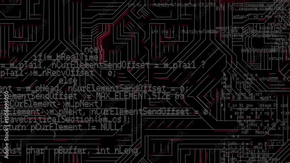 Poster grid pulsing sparking red highlights, code overlay growing and thinning for circuit process view