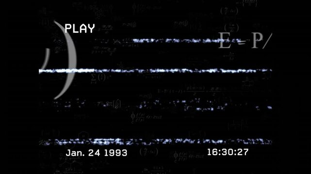 PLAY icon starting glitch bars flickering sliding revealing formulas under timecode for retro look