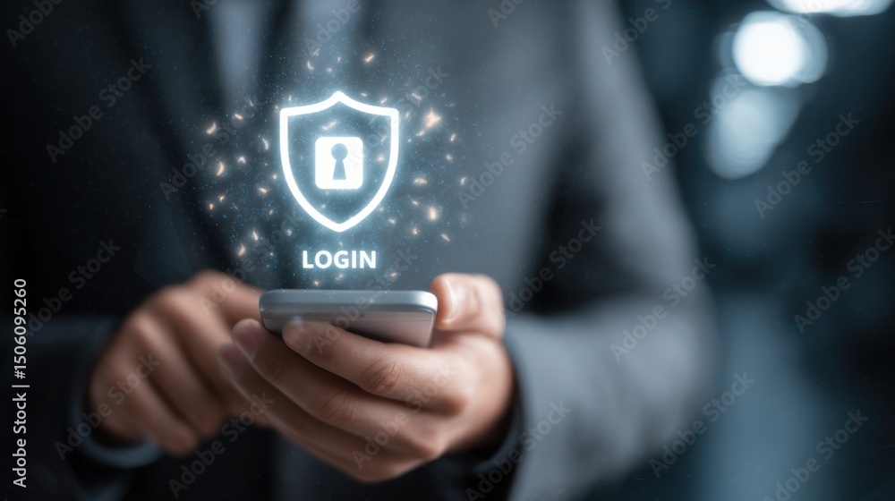 Poster user accessing secure login with mobile device in modern office environment using cybersecurity meas