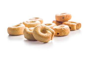 Salted crispy snack rings isolated on white background.