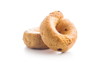 Salted crispy snack rings isolated on white background.