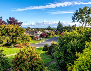 peaceful daytime view of a typical suburban neighborhood with houses and lush greenery including trees and bushes in the foreground