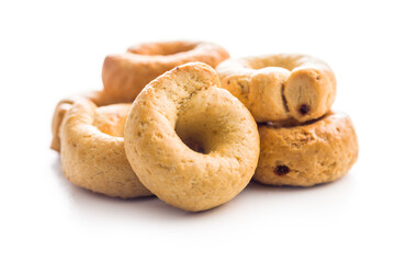 Salted crispy snack rings isolated on white background.