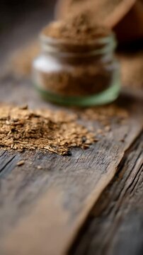 Close-up of cumin seeds spilling from a clear glass jar onto weathered wooden surface, earthy tones, with a focus on texture and spice detail.