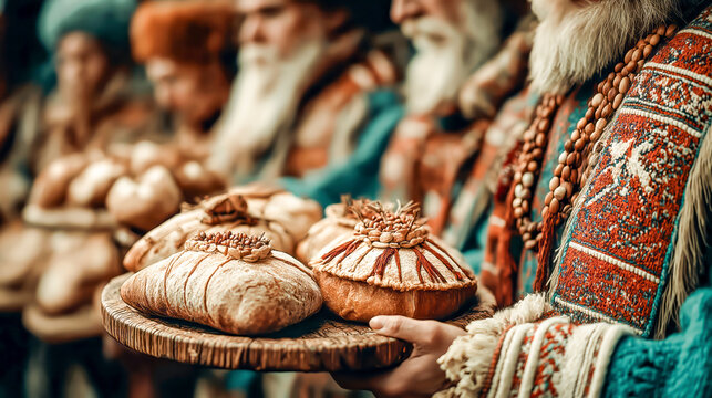 Traditional festival featuring artisans presenting handmade bread at a cultural exhibition in a village square