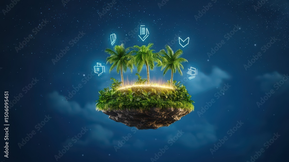 Poster floating island with palm trees and digital symbols representing technology and nature fusion in nig