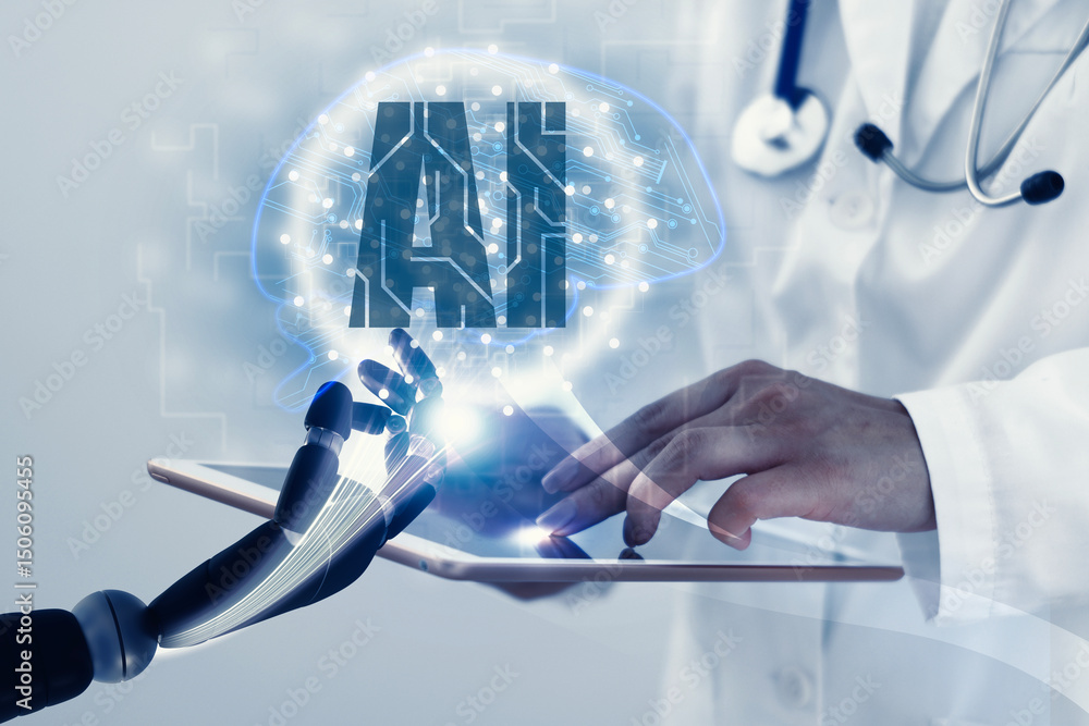 Poster doctor using tablet computer, closeup. robot hand touching virtual screen above device. artificial i