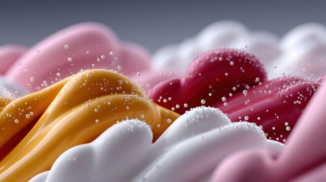 Abstract, swirling, colorful liquid paint, with scattered, tiny, light-colored spheres