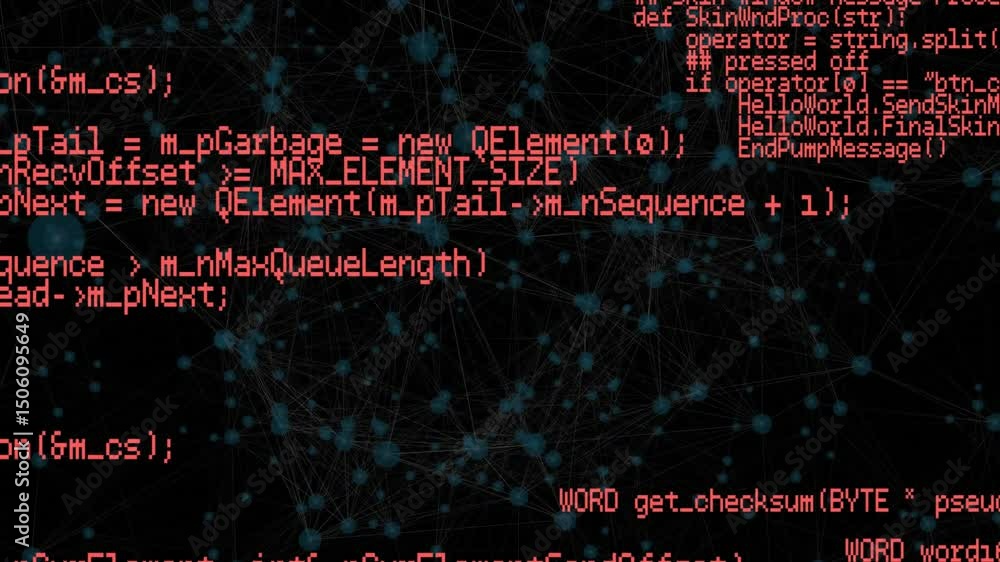 Poster fragment appearing causing red code overlaying teal nodes, scrolling inward converging for insight