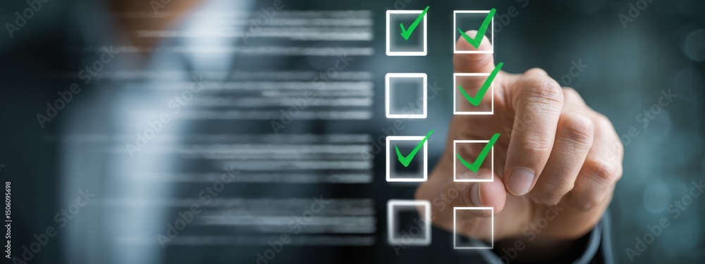 Aufkleber digital checklists for efficient business management, businessman touching marking on checklist guid