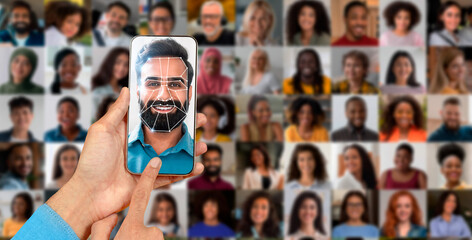 A person uses a smartphone to scan their face for identification.