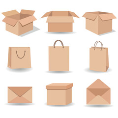Illustration of a set of cardboard boxes and bags with shadow on a white background