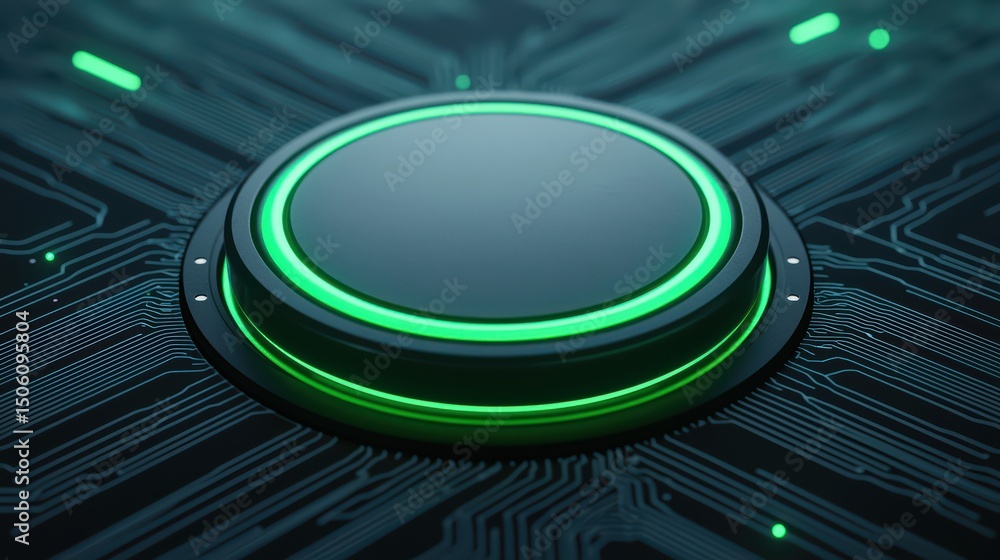 Poster futuristic green button on circuit board background with neon highlights and high-tech design elemen