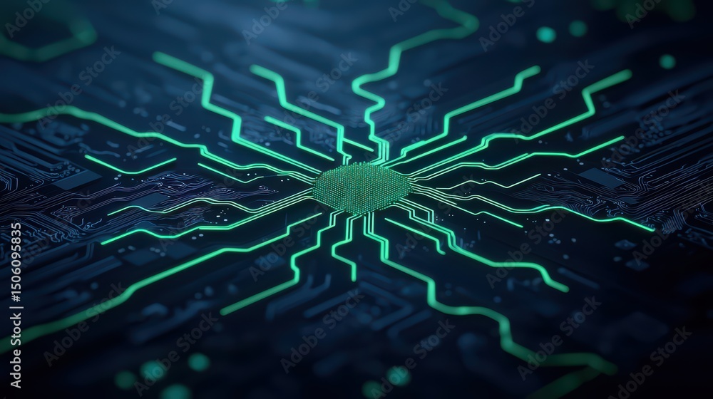Poster abstract digital circuit with green lines and central processor on dark background for technology co