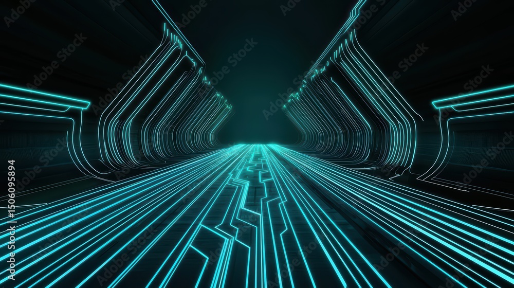 Aufkleber futuristic neon corridor with glowing lines and dynamic perspective in dark space for science fictio