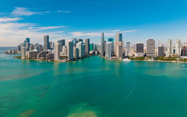 Fototapeta premium Skyscraper building. Cityscape building downtown. City architecture. Miami skyline. Florida skyscraper cityscape. Miami city skyline view of Brickell key. Miami downtown. Brickell Miami