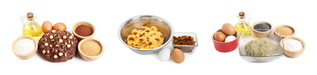 Different types of dough and ingredients isolated on white, set