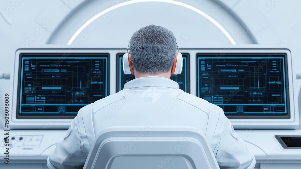 Poster close-up of scientist in futuristic laboratory with dual screens and advanced technology in a minima
