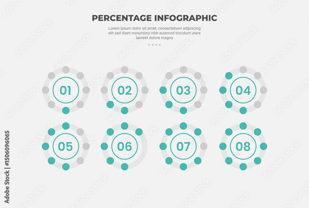 Aufkleber percentage or percent infographic outline style with 8 point template with small dot circle show pro